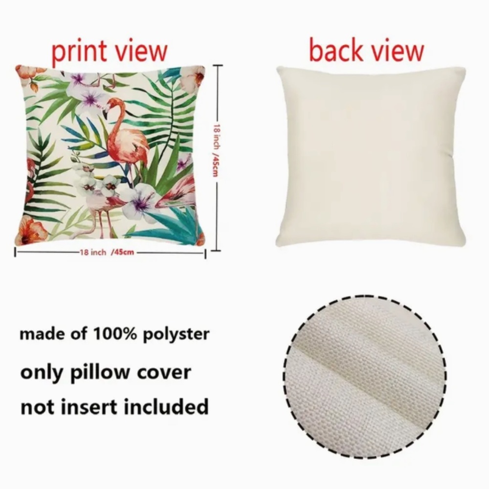 NEW FLORAL TROPICAL JUNGLE PALM TREES FLAMINGO DECORATIVE LINEN PILLOW COVER 18" - Picture 2 of 2